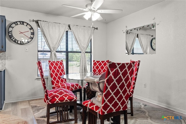 dining room with a wealth of natural light, hardwood / wood-style flooring, and ceiling fan