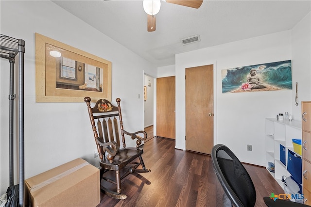 office featuring dark wood-type flooring and ceiling fan