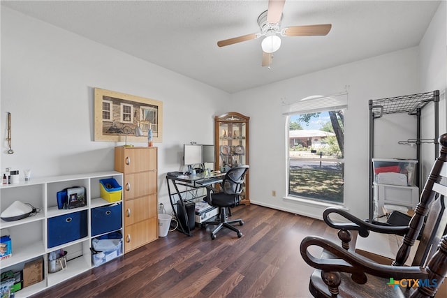 office space with ceiling fan, a textured ceiling, and dark hardwood / wood-style floors