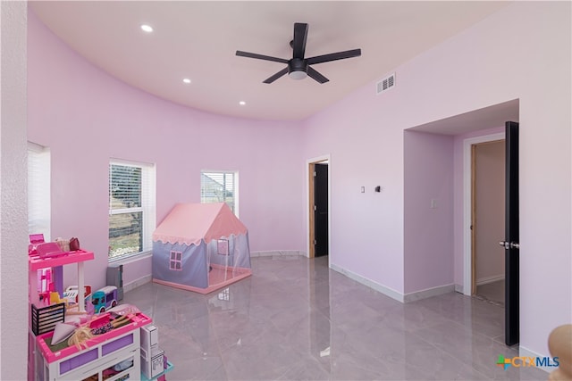 playroom featuring ceiling fan