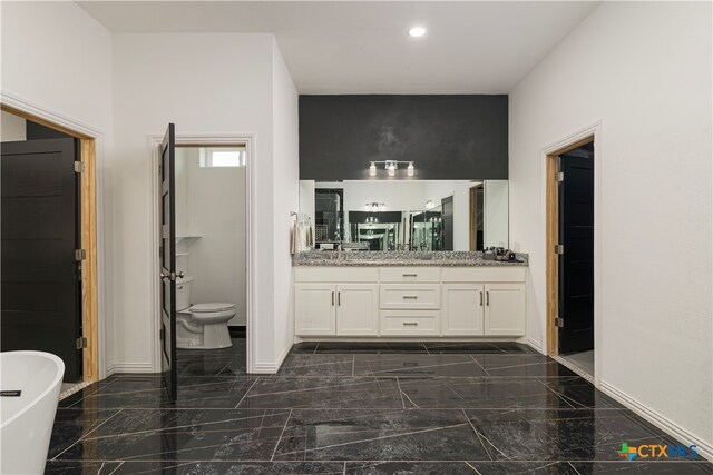 bathroom with toilet, vanity, and a tub