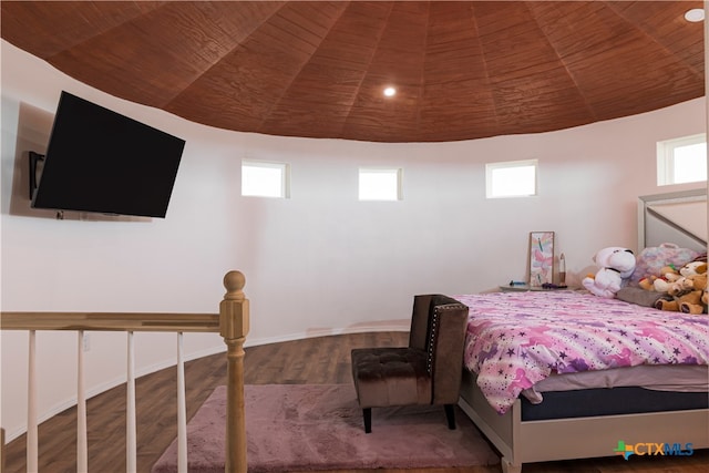 bedroom with hardwood / wood-style floors and wood ceiling