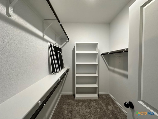 spacious closet featuring dark carpet