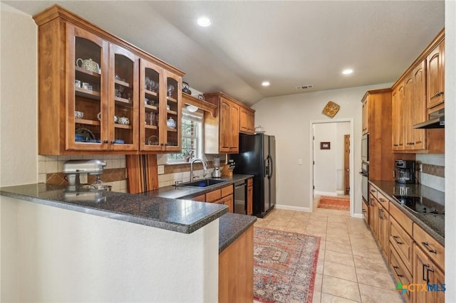 120 Oak Vis, New Braunfels, TX 78132 - kitchen featuring under cabinet range hood, a sink, black appliances, and glass insert cabinets