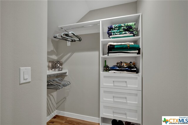 spacious closet with hardwood / wood-style floors and lofted ceiling