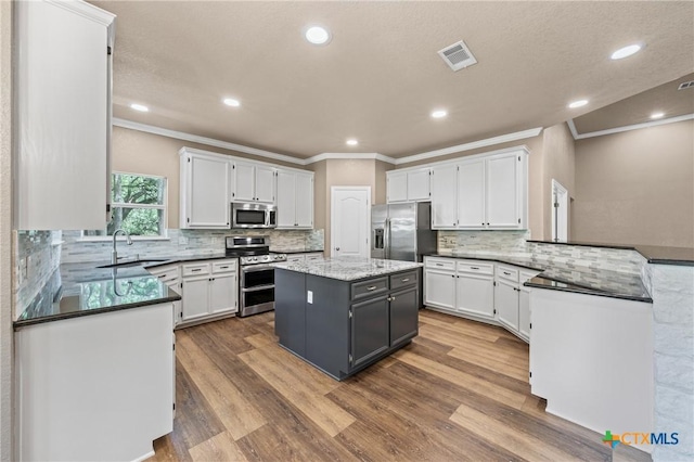 574 Rose Ln, Salado, TX 76571 - kitchen with appliances with stainless steel finishes, ornamental molding, white cabinetry, backsplash, and a peninsula