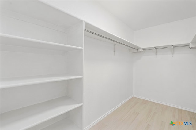 walk in closet with light hardwood / wood-style flooring