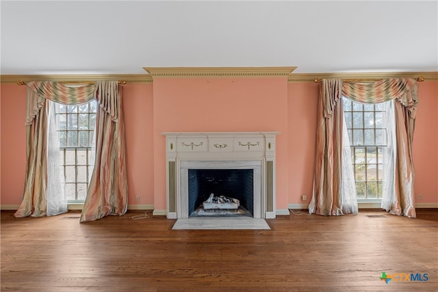 interior space with wood-type flooring and ornamental molding