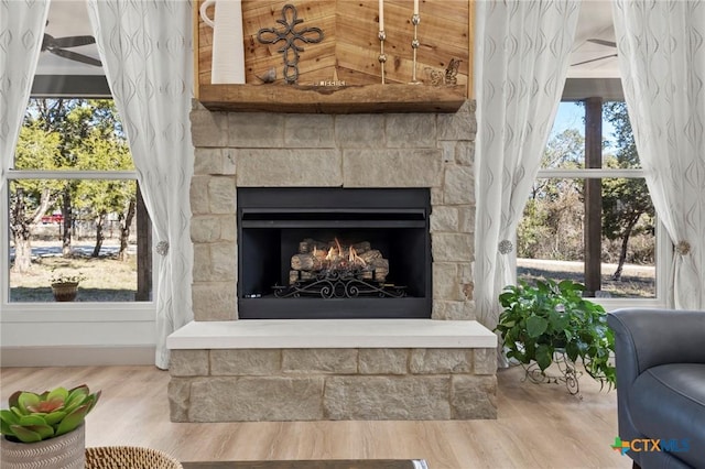 room details featuring hardwood / wood-style flooring and a fireplace