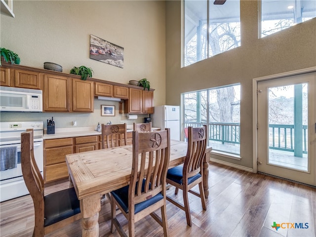 dining room with a towering ceiling, a healthy amount of sunlight, and light wood-type flooring