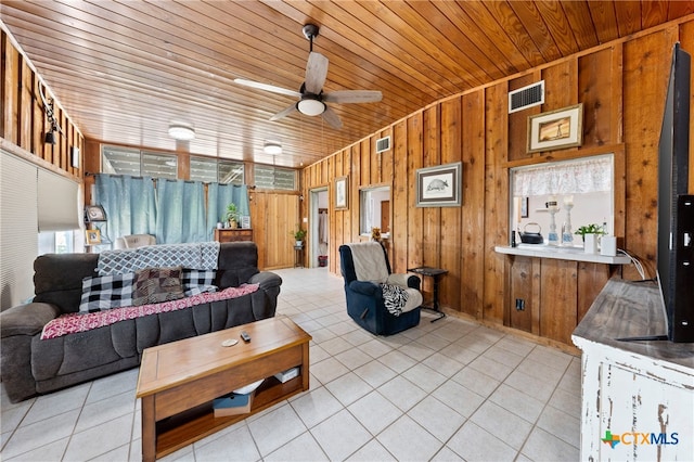 tiled living room featuring wood walls, ceiling fan, and wooden ceiling