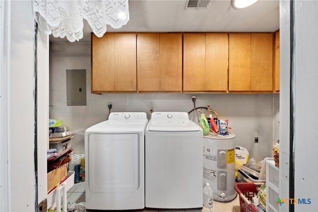 washroom featuring electric panel, washer and dryer, cabinets, tile patterned flooring, and electric water heater