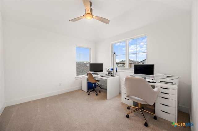 office area with ceiling fan and light colored carpet