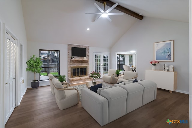 9215 Standing Creek Ln, San Antonio, TX 78230 - living room with a ceiling fan, high vaulted ceiling, beamed ceiling, wood finished floors, and a fireplace