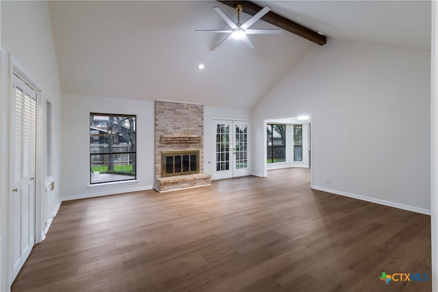 9215 Standing Creek Ln, San Antonio, TX 78230 - unfurnished living room featuring high vaulted ceiling, a ceiling fan, beamed ceiling, a large fireplace, and baseboards