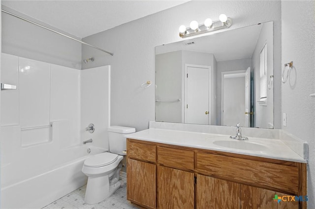 full bathroom with shower / tub combination, vanity, and toilet