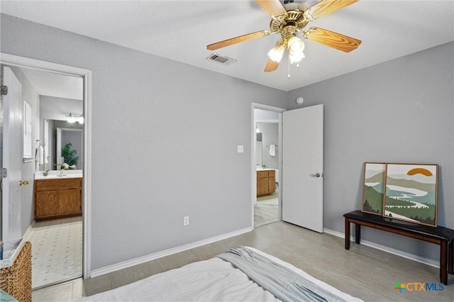 bedroom with ceiling fan and ensuite bathroom