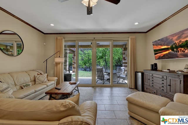 tiled living room featuring ceiling fan and crown molding