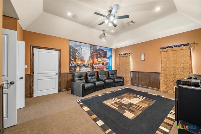 924 Queen Elizabeth Dr, Mcgregor, TX 76657 - carpeted home theater room with ceiling fan, a raised ceiling, visible vents, and wainscoting