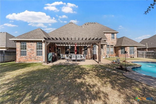 924 Queen Elizabeth Dr, Mcgregor, TX 76657 - back of house with a patio, a fenced backyard, a pergola, a lawn, and brick siding