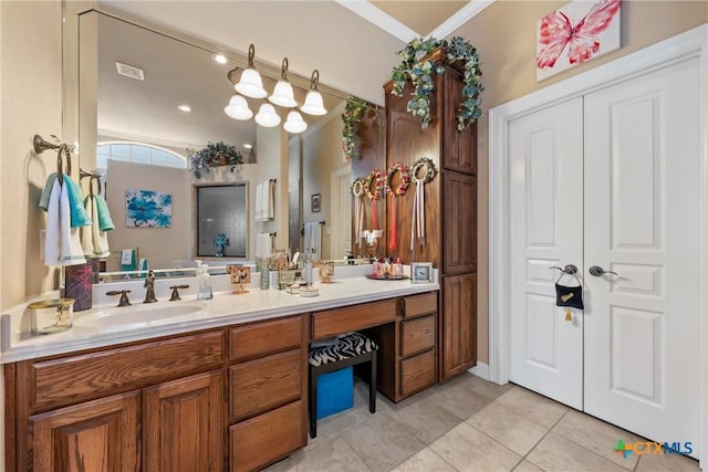 924 Queen Elizabeth Dr, Mcgregor, TX 76657 - full bathroom with vanity, visible vents, tile patterned flooring, and ornamental molding