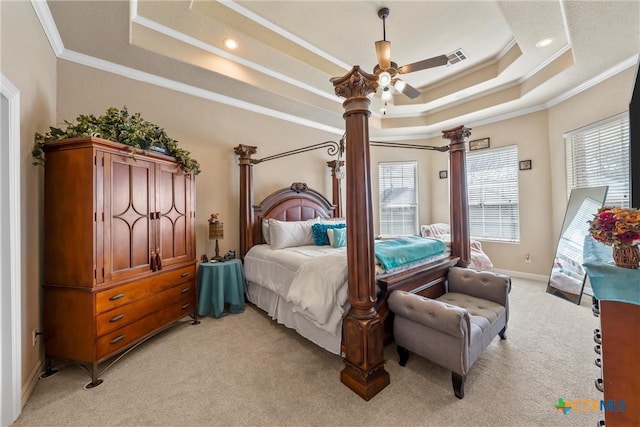 924 Queen Elizabeth Dr, Mcgregor, TX 76657 - bedroom featuring a tray ceiling, multiple windows, light colored carpet, and ornamental molding