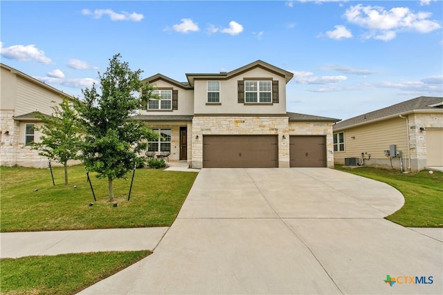 355 Victoria Peak Loop, Dripping Springs, TX 78620 - view of front of house featuring concrete driveway, central AC unit, stone siding, and a front lawn