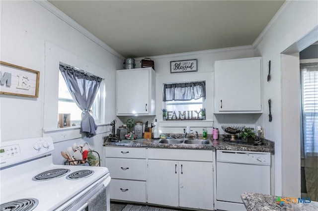 kitchen with white cabinetry, crown molding, white appliances, and sink