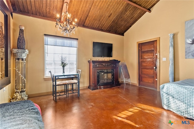 bedroom featuring a notable chandelier, vaulted ceiling, wooden ceiling, and a high end fireplace