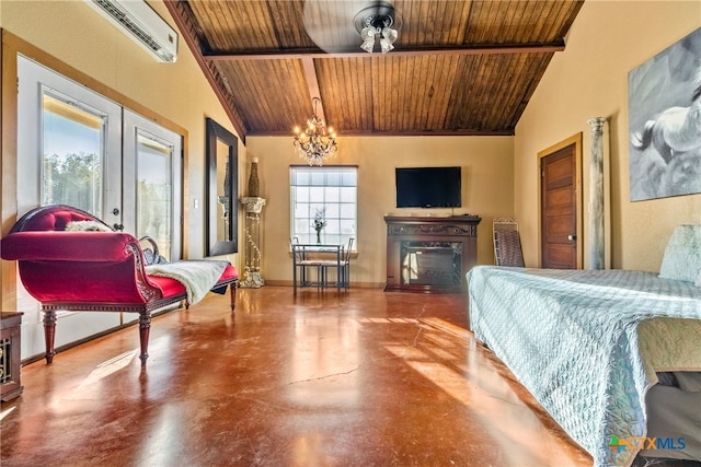 bedroom featuring a wall mounted AC, multiple windows, and concrete floors