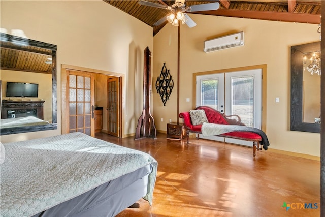 bedroom featuring french doors, a wall unit AC, ceiling fan, and wooden ceiling