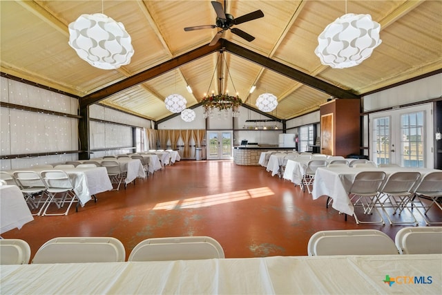 dining space featuring high vaulted ceiling, a wealth of natural light, ceiling fan, and wooden ceiling