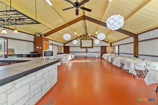 garage with ceiling fan and wood ceiling