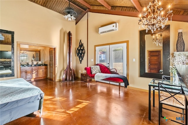 bedroom featuring a wall unit AC, beamed ceiling, wood ceiling, and high vaulted ceiling