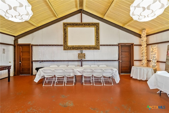 bedroom with concrete flooring, lofted ceiling, wooden ceiling, and ornate columns