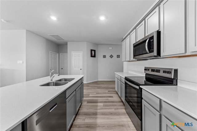 kitchen featuring appliances with stainless steel finishes, light countertops, a sink, and visible vents