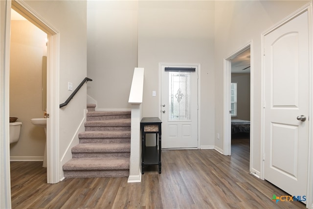 entryway with dark hardwood / wood-style flooring