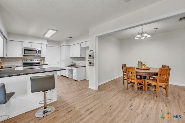 kitchen with light wood-type flooring, appliances with stainless steel finishes, backsplash, white cabinets, and kitchen peninsula