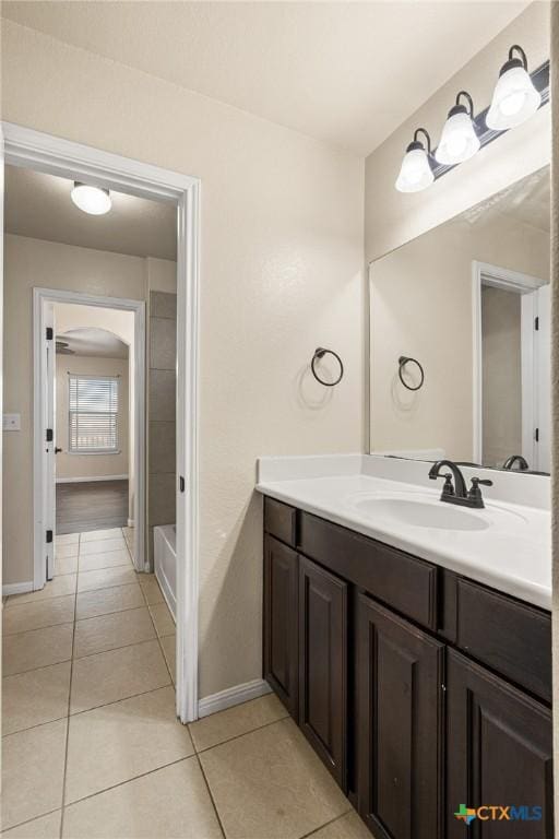 bathroom featuring vanity, tile patterned floors, and ceiling fan