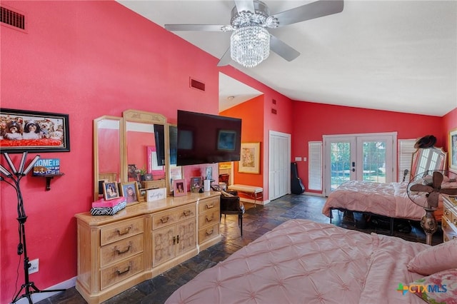 4842 W Fm 2147, Horseshoe Bay, TX 78657 - bedroom with access to exterior, french doors, high vaulted ceiling, ceiling fan, and dark stone finish flooring