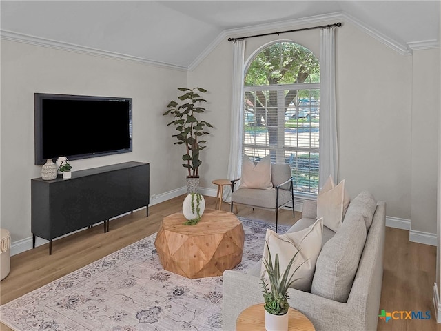 13217 Armaga Springs Rd, Austin, TX 78727 - living room featuring lofted ceiling, wood finished floors, baseboards, and ornamental molding