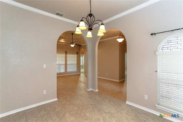 unfurnished room with ornamental molding, arched walkways, visible vents, and ceiling fan with notable chandelier