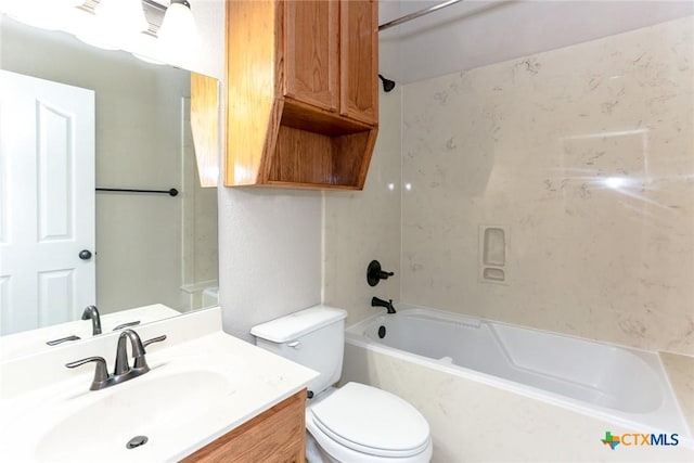 full bath featuring shower / washtub combination, vanity, and toilet