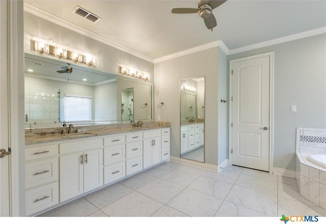 bathroom with independent shower and bath, ceiling fan, crown molding, and vanity