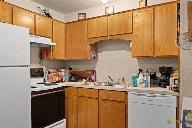 4509 Mattie Dr Unit A-D, Killeen, TX 76549 - kitchen featuring white appliances, under cabinet range hood, a sink, light countertops, and a textured ceiling