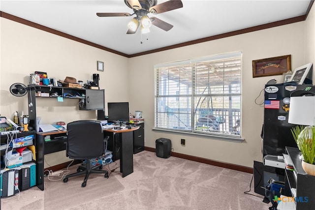 carpeted office space with ornamental molding and ceiling fan