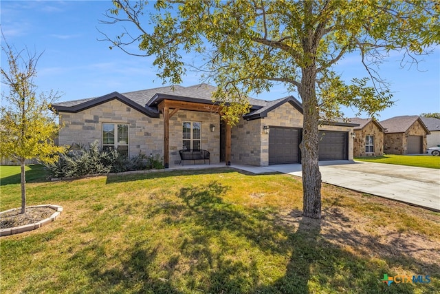 single story home featuring a garage and a front lawn