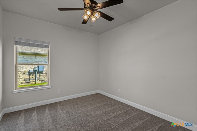 unfurnished room with a wealth of natural light, ceiling fan, and carpet floors