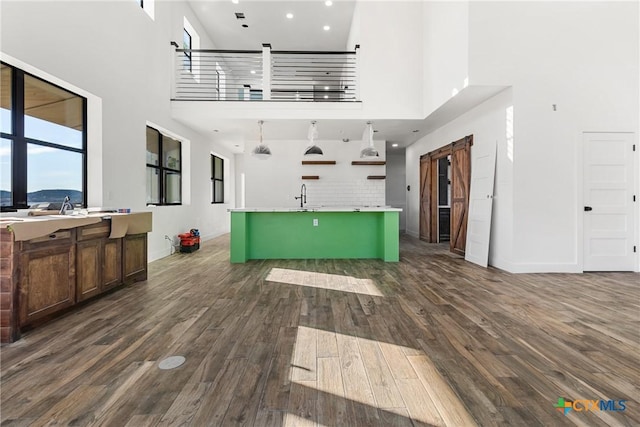 kitchen featuring dark wood-type flooring, a healthy amount of sunlight, and a towering ceiling