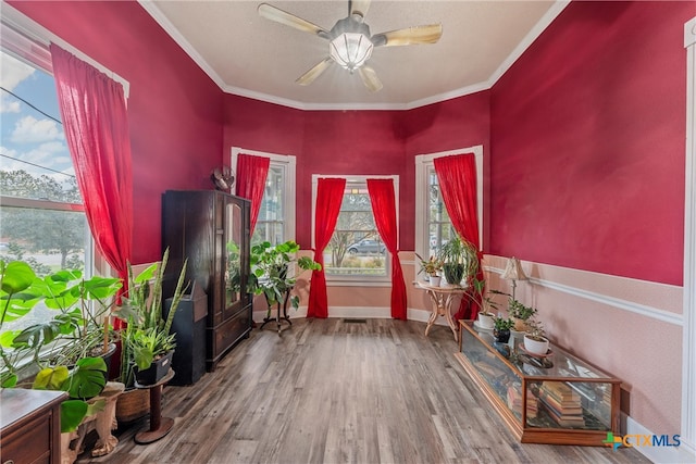 unfurnished room featuring hardwood / wood-style flooring, ceiling fan, and crown molding